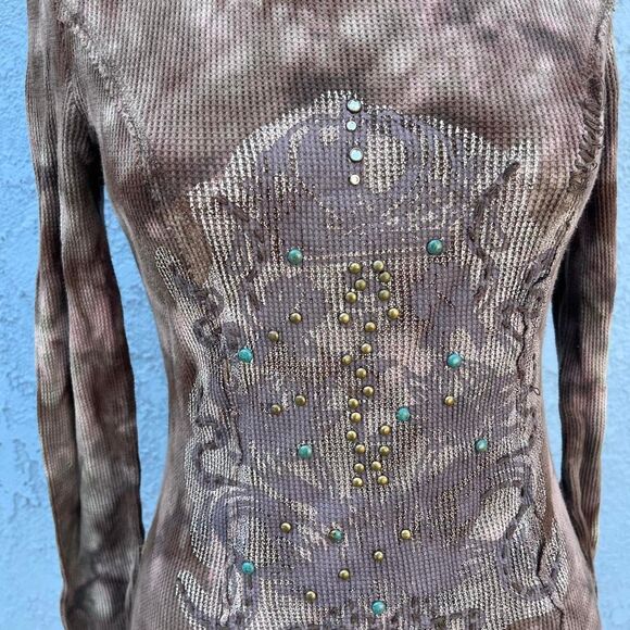 Y2k Tie Dye Waffle Knit Shirt Thermal embellished ed hardy style Large - Picture 3 of 8